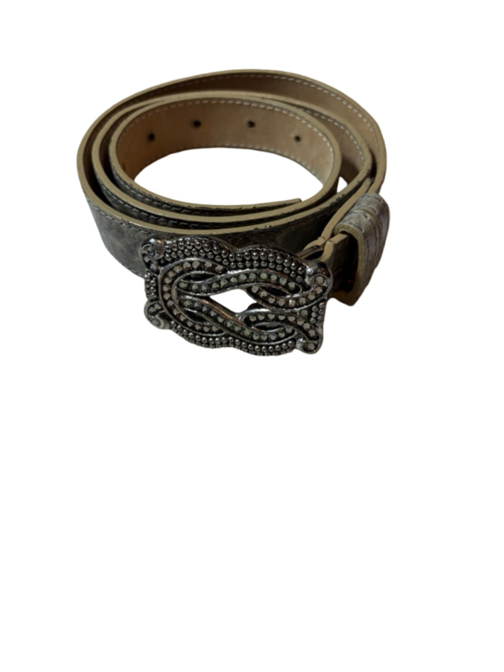 Leatherock USA Metallic Silver Leather Crystal Scroll Buckle Belt Size 34